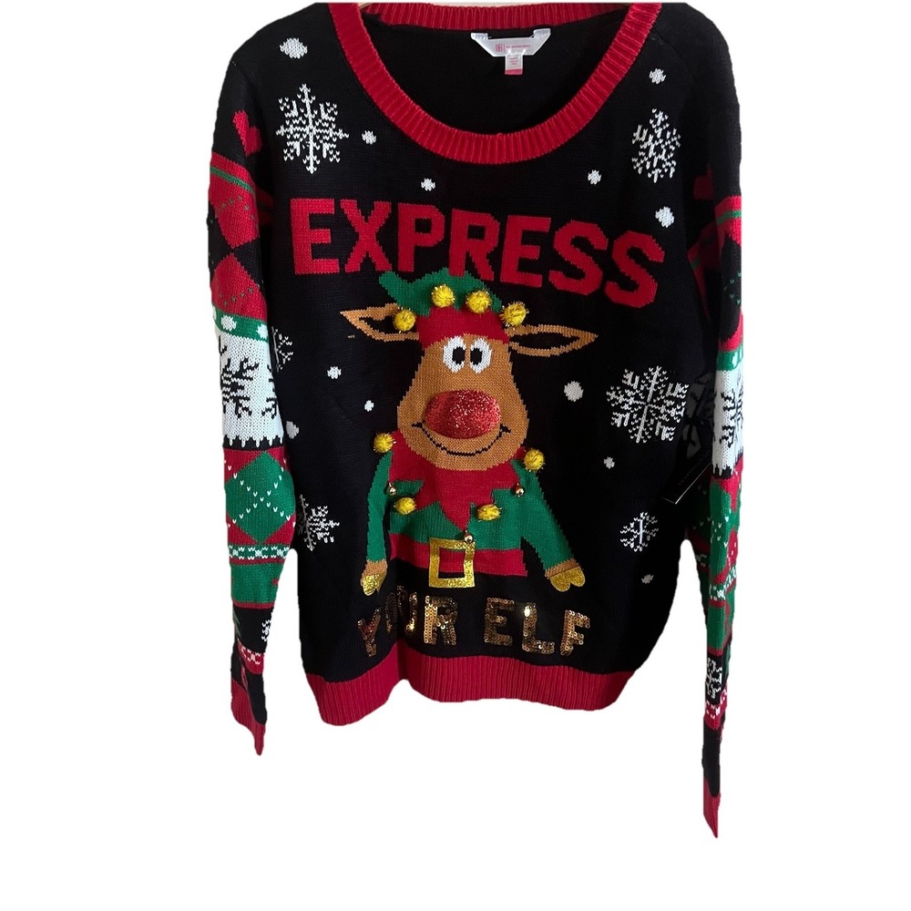 Ugly‎ Christmas Sweater Express Your Elf Women's Size XL  New Bell Sequins Fun